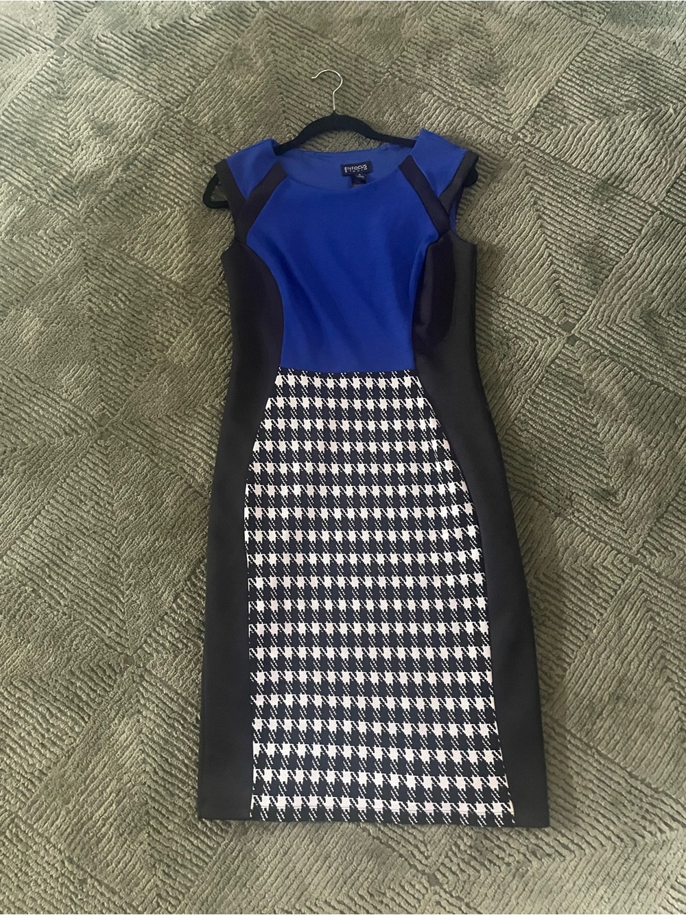 Express Royal Blue and Black Houndstooth Midi Sheath Dress